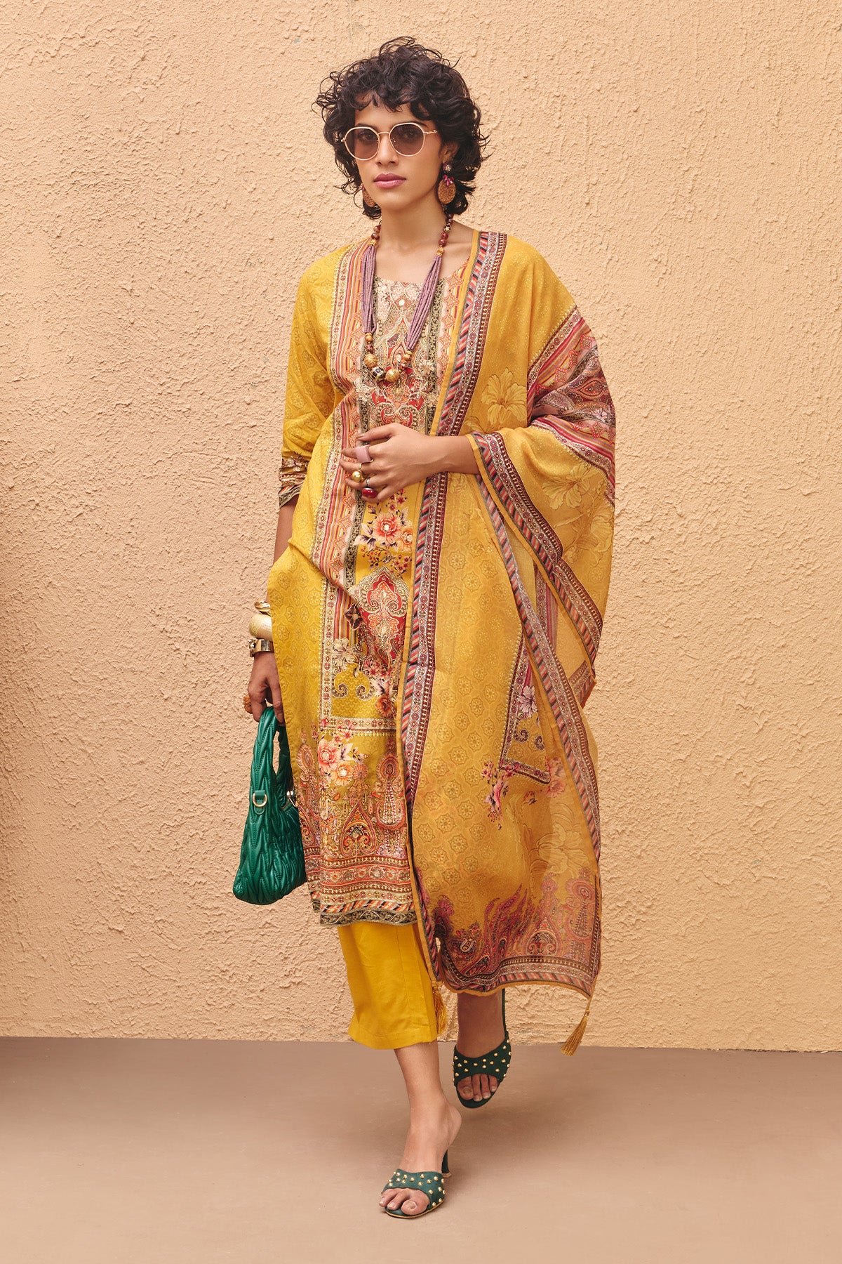 Yellow Printed Embroidered kurta 3 Pcs Set