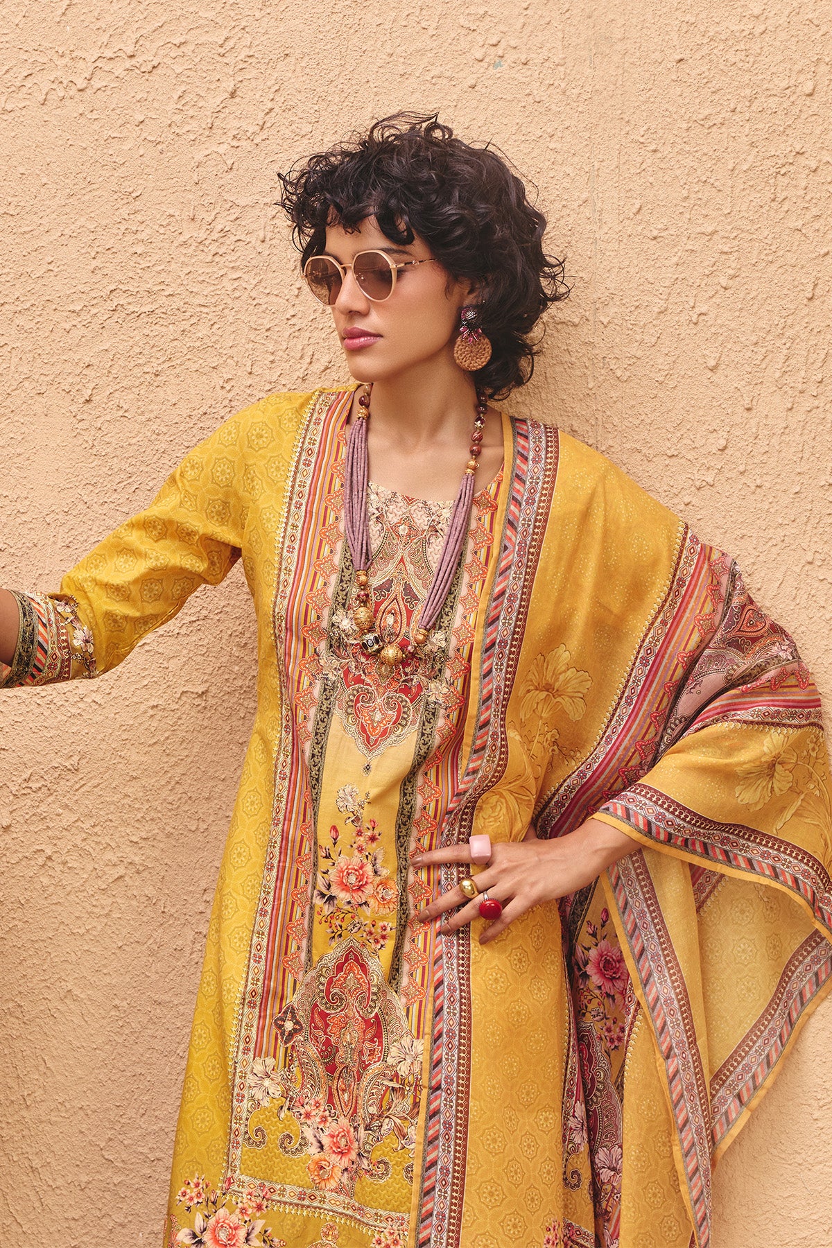 Yellow Printed Embroidered kurta set (3 Piece)