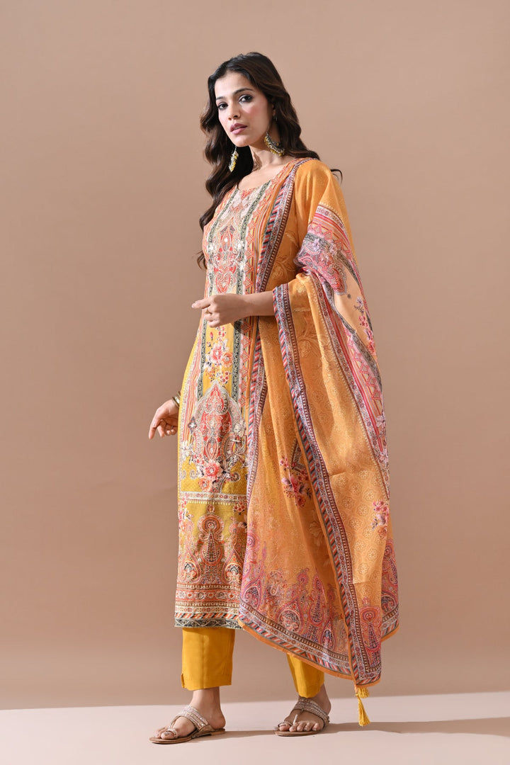 Yellow Printed Embroidered kurta set