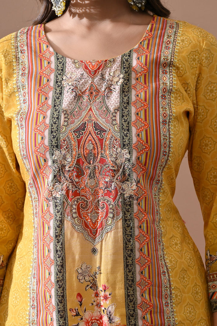 Yellow Printed Embroidered kurta set