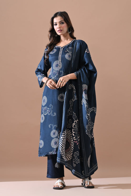 Blue Floral Printed Kurta 3 Pcs Set