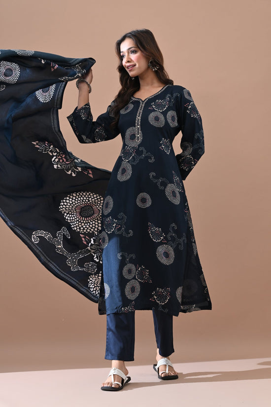 Blue Floral Printed Kurta 3 Pcs Set
