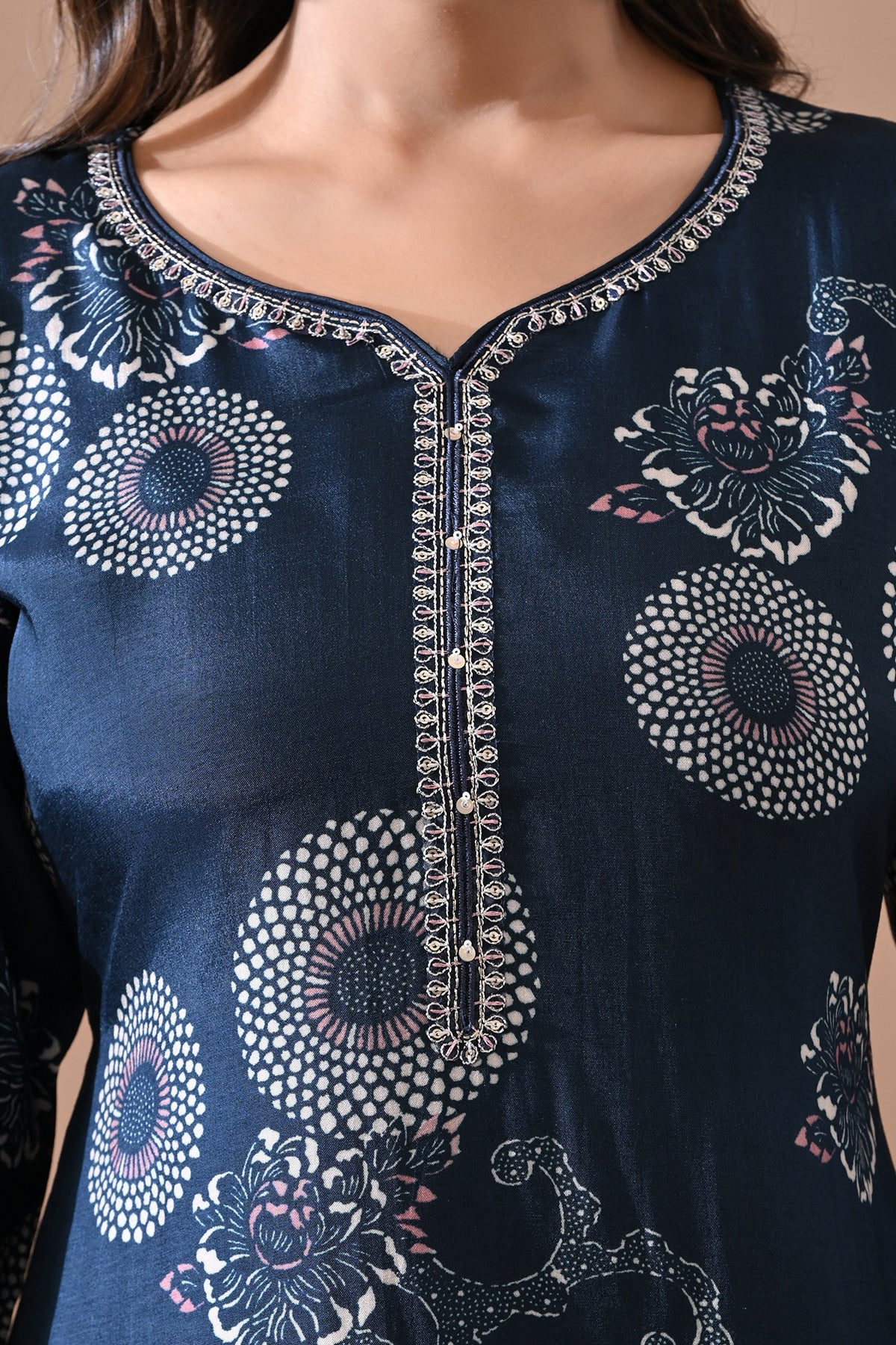 Blue Floral Printed Kurta 3 Pcs Set