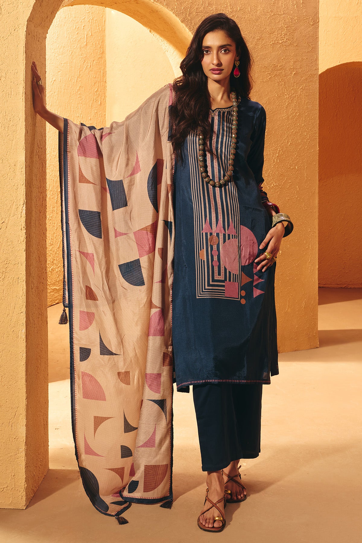 Blue Printed Kurta Set (3 Piece)