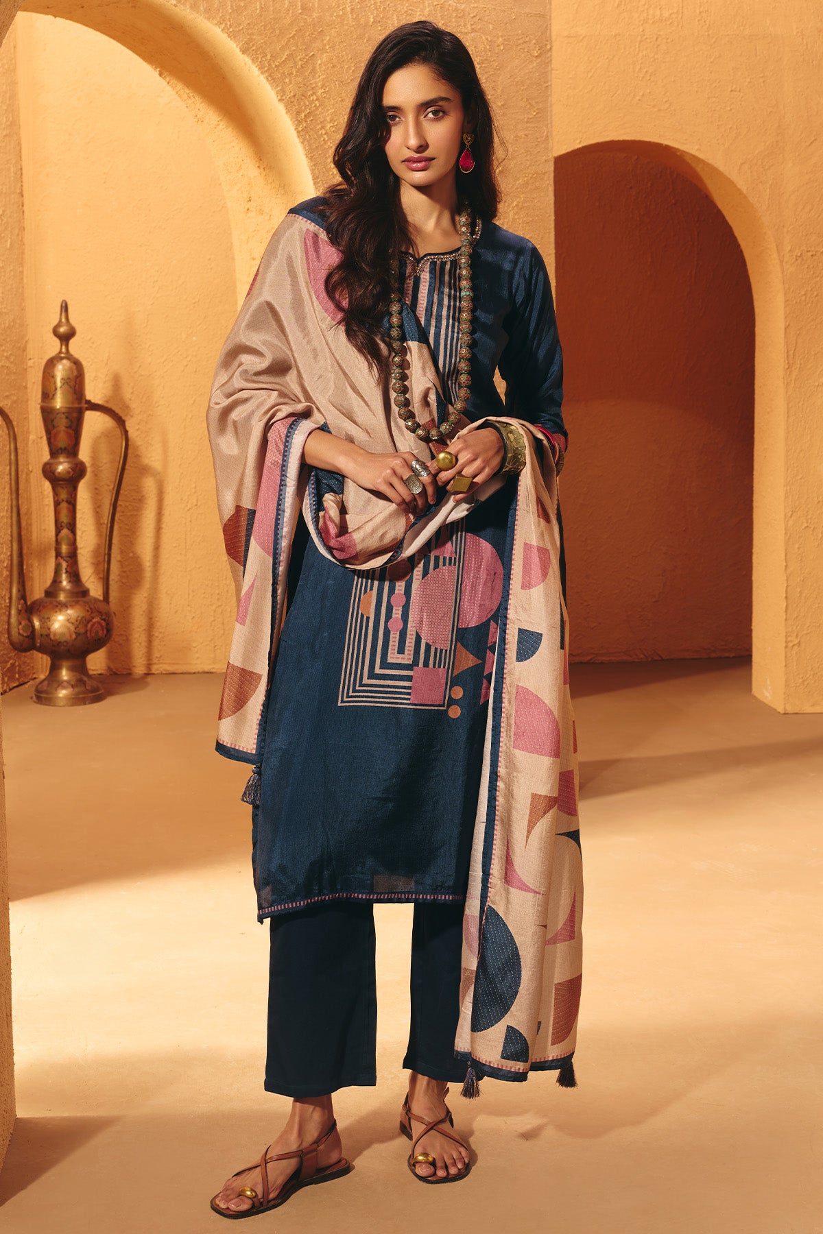 Blue Printed Kurta Set (3 Piece)