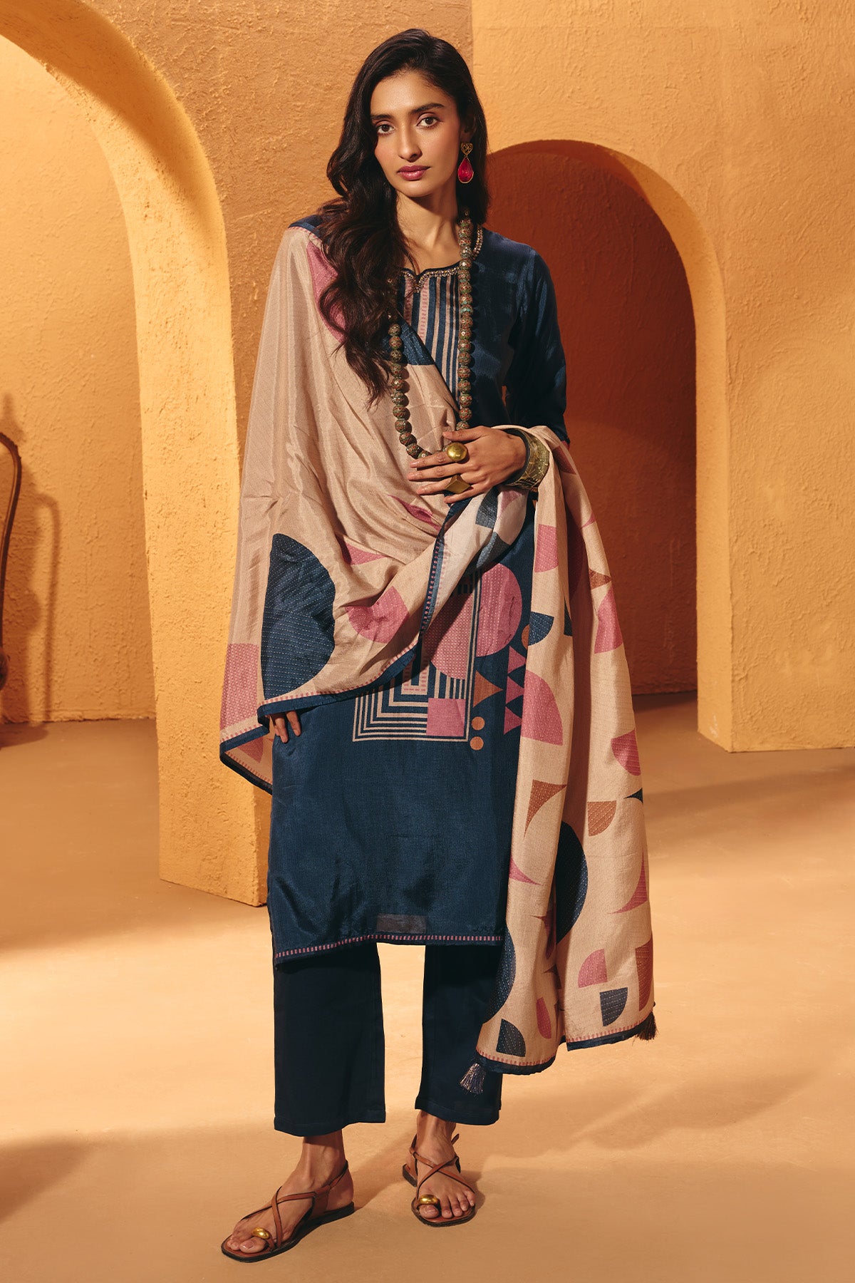 Blue Printed Kurta Set (3 Piece)
