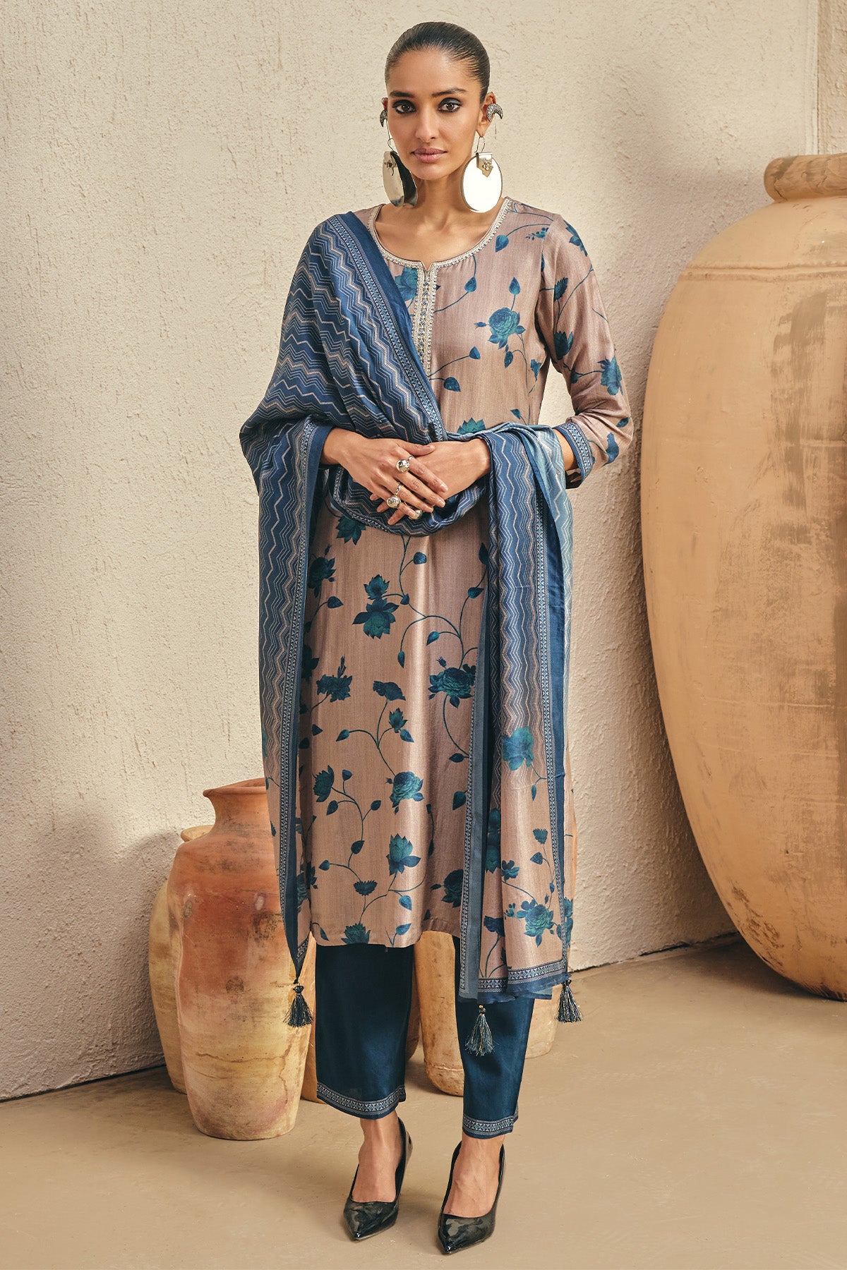 Grey Printed Kurta 3 Pcs Set