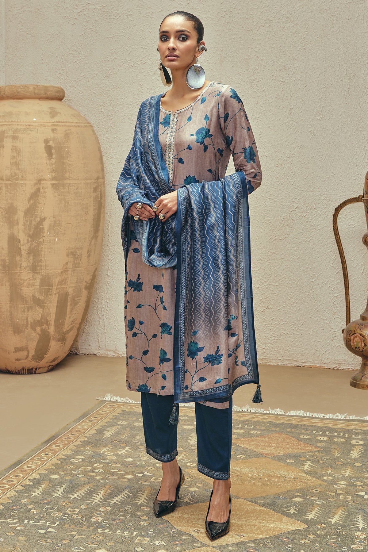 Grey Printed Kurta 3 Pcs Set