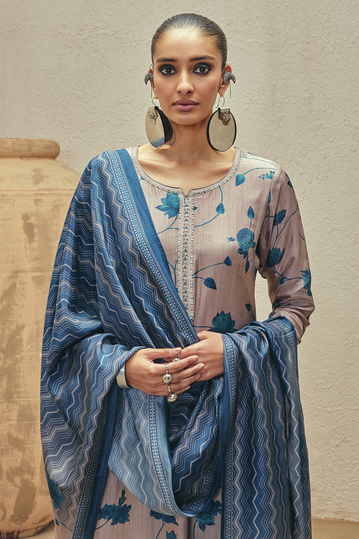 Grey Printed Kurta 3 Pcs Set