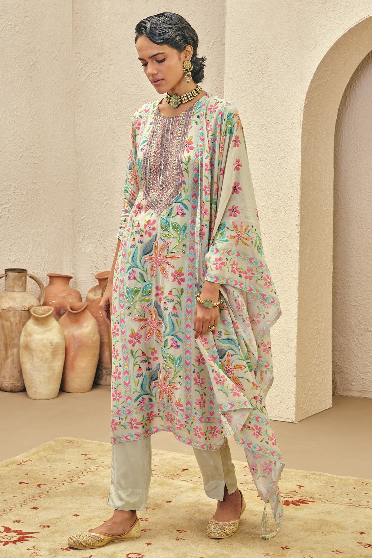 Green Printed Embellished Kurta 3 Pcs Set