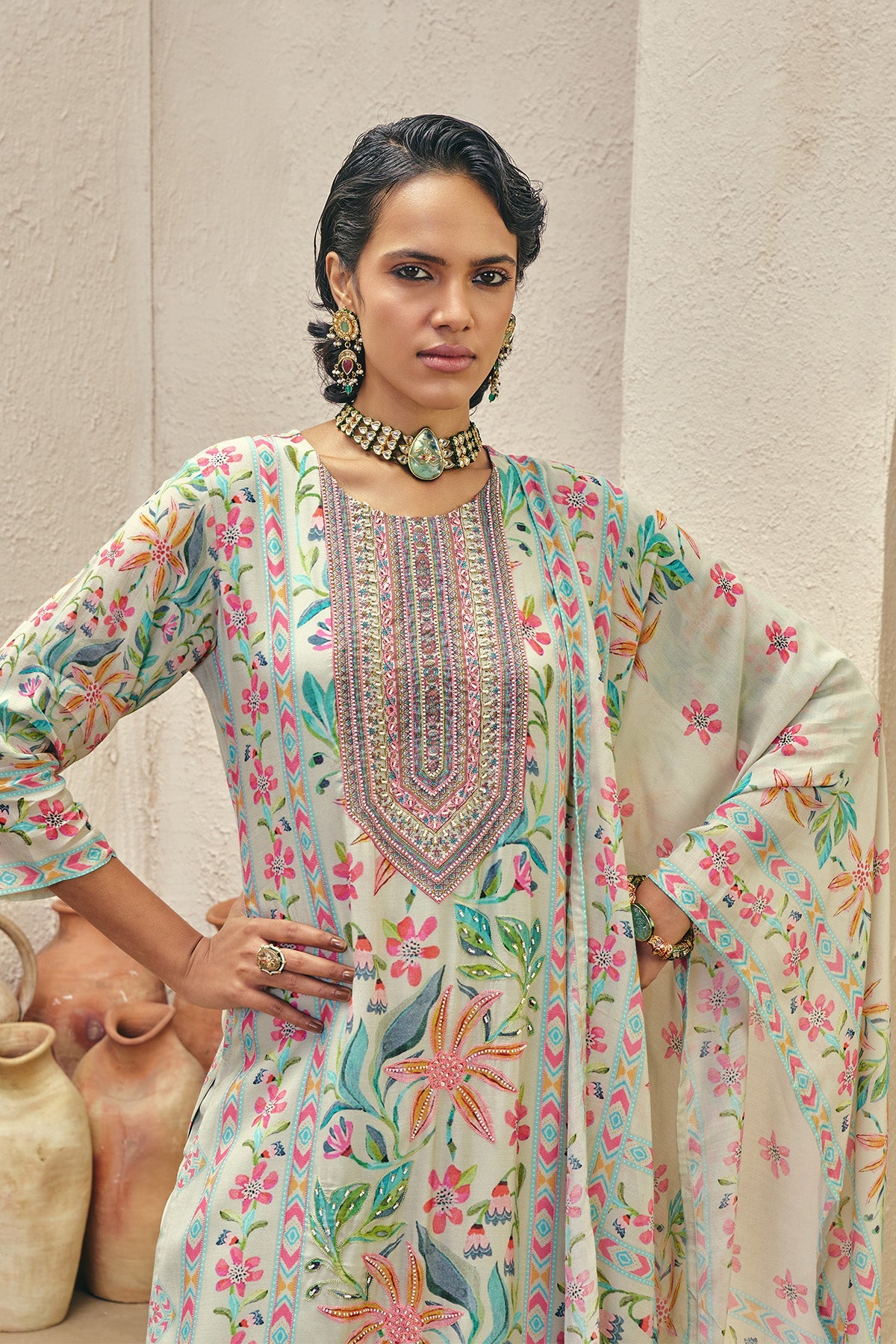 Green Printed Embellished Kurta 3 Pcs Set