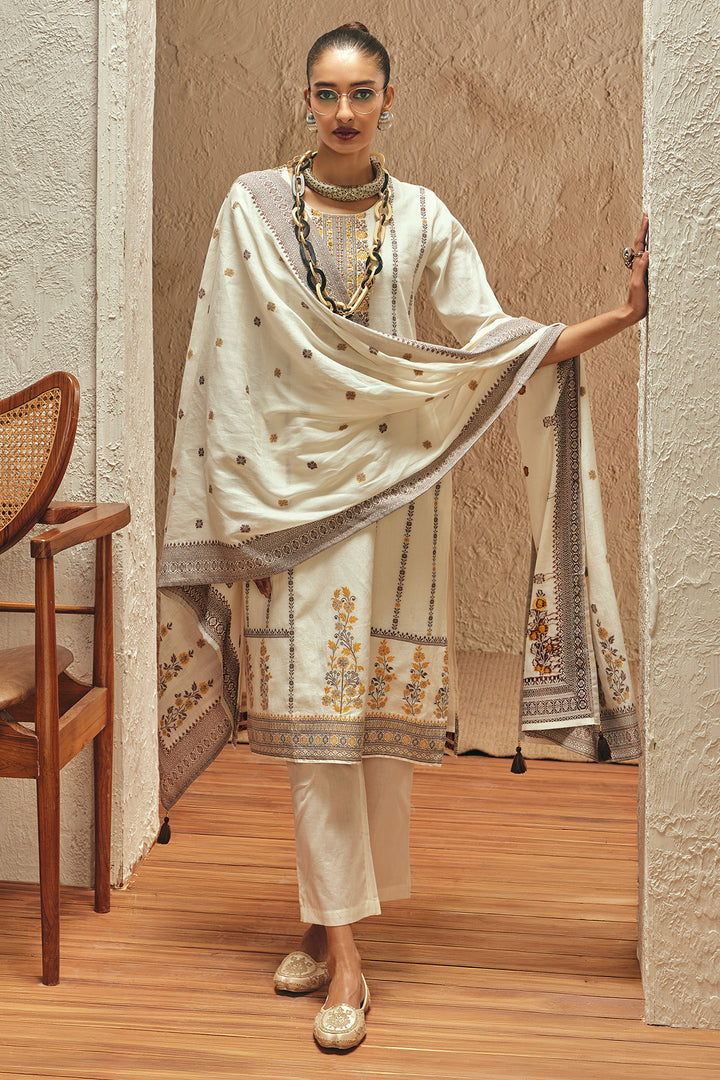 Cream Solid Embellished Kurta Set (3 Piece)