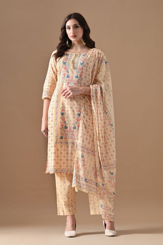 Beige Printed Kurta 3 Pcs Set