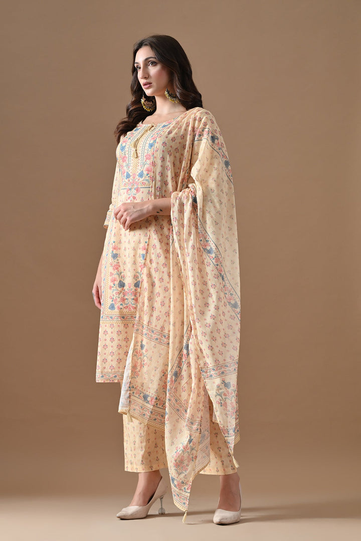 Beige Printed Kurta Set (3 Piece)