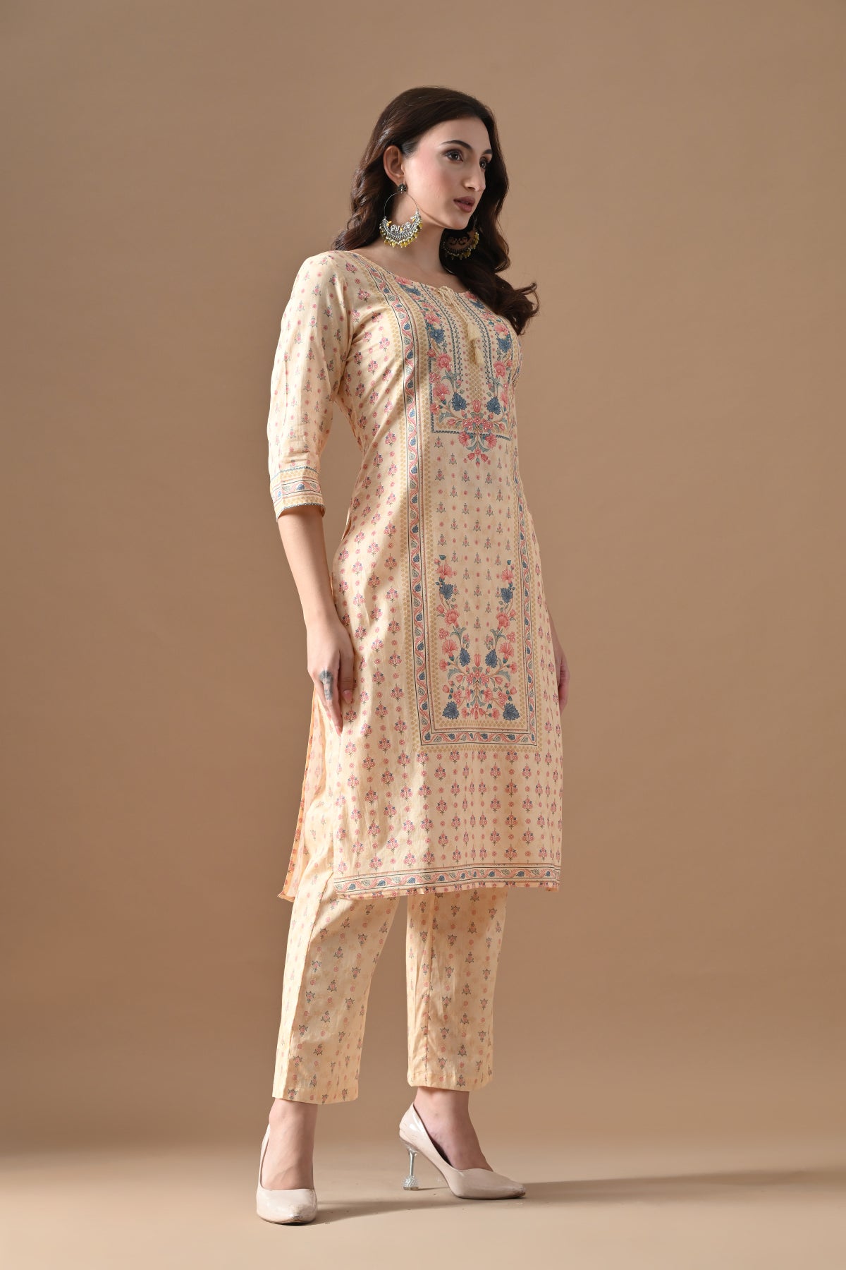 Beige Printed Kurta 3 Pcs Set