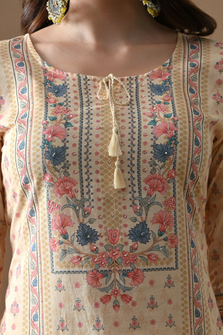 Beige Printed Kurta Set (3 Piece)