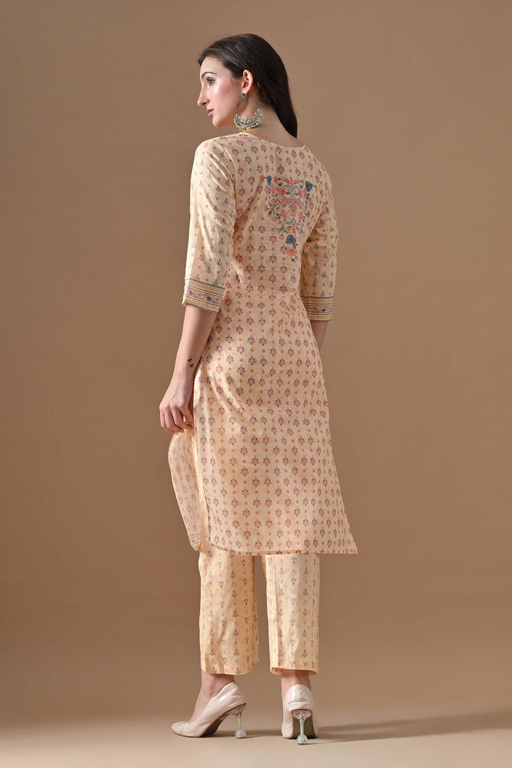 Beige Printed Kurta Set (3 Piece)