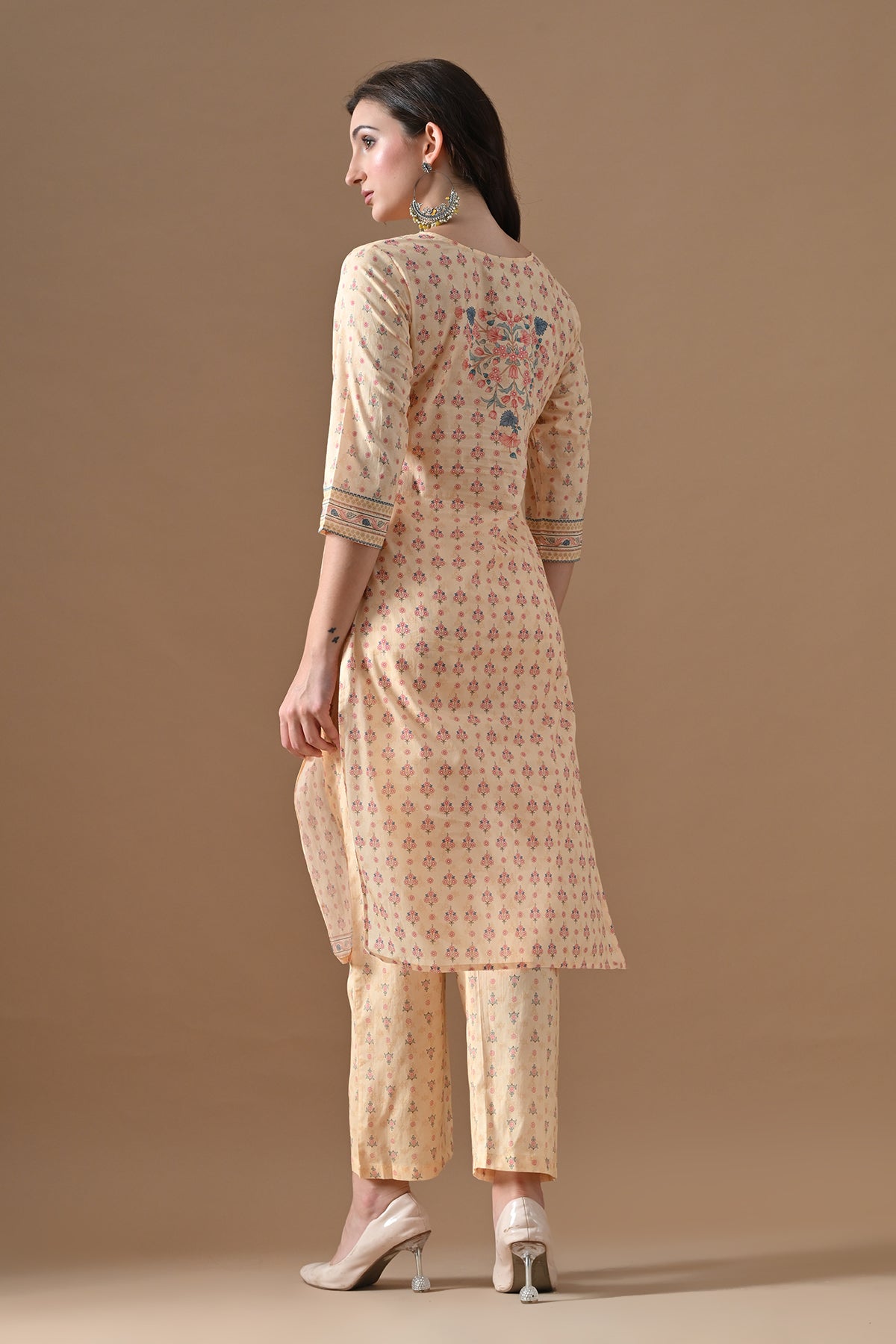 Beige Printed Kurta 3 Pcs Set