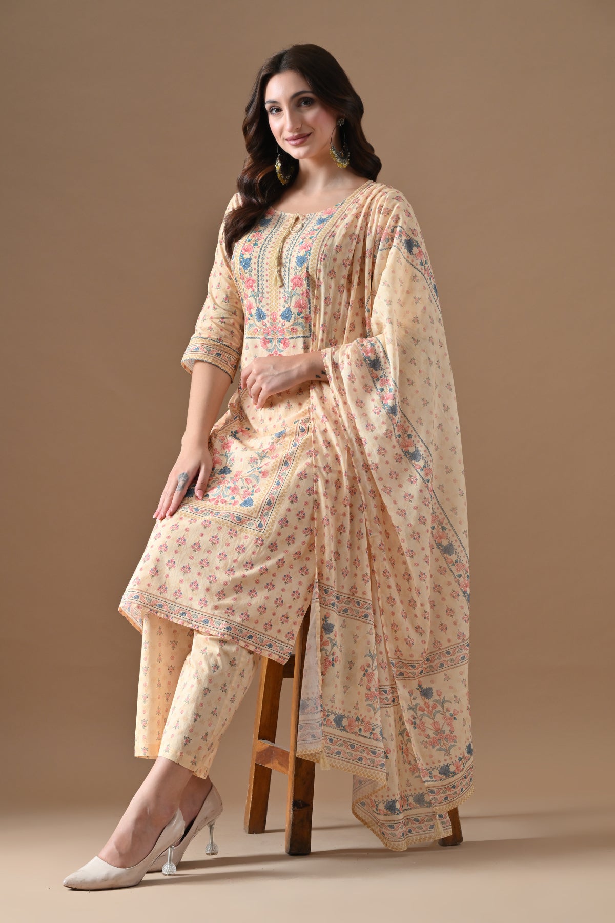 Beige Printed Kurta 3 Pcs Set