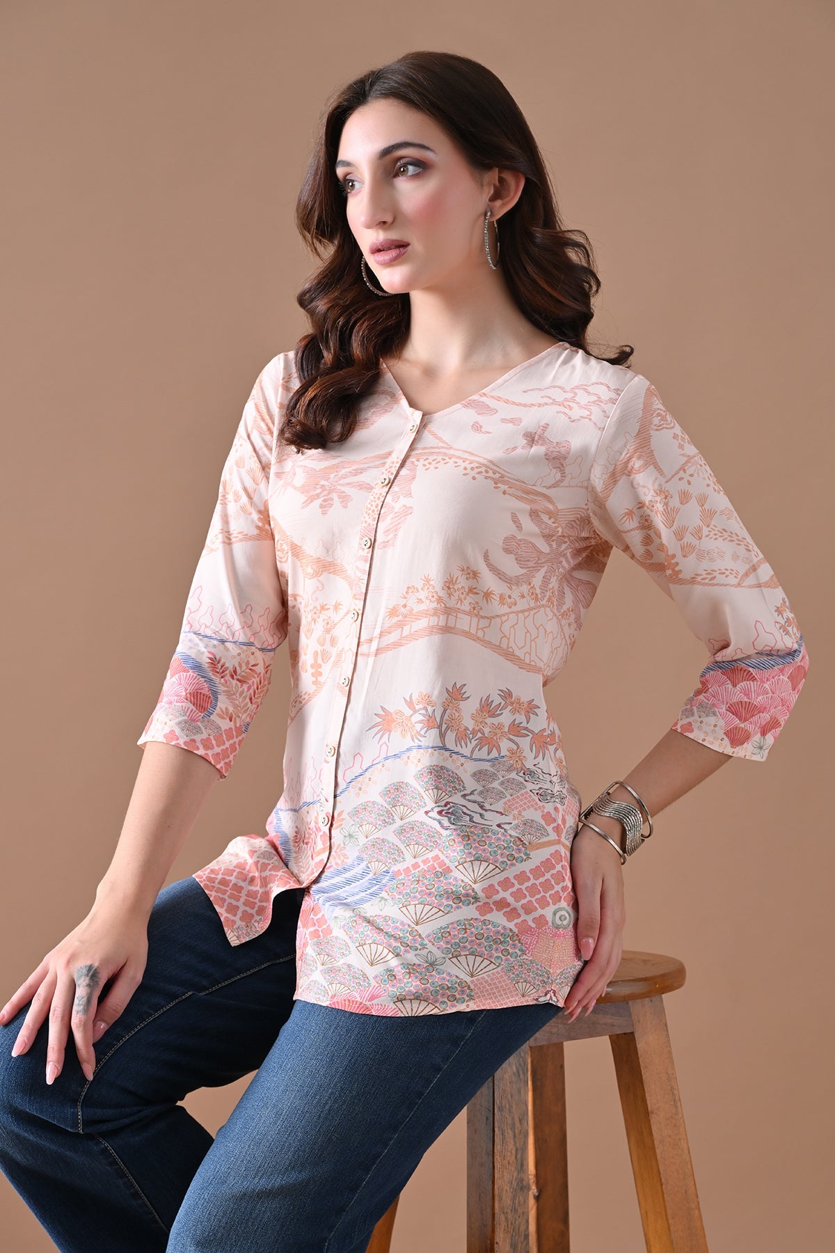 Beige Printed Top