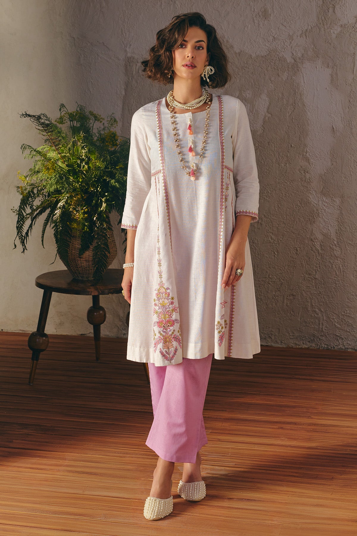 Cream Embroidered Kurta 2 Pcs Set