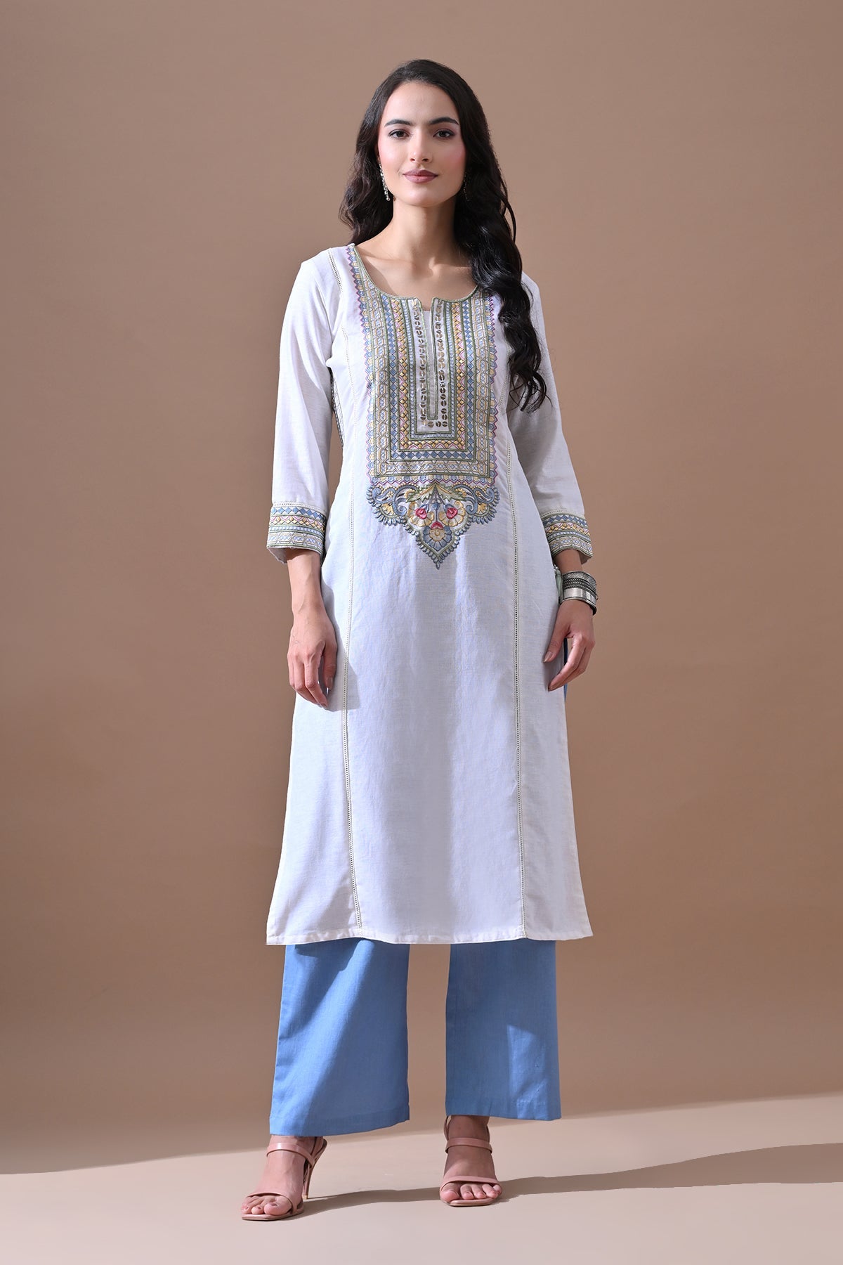Cream Embroidered Kurta 2 Pcs Set