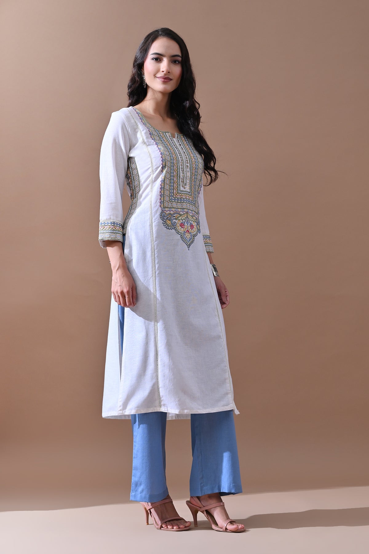 Cream Embroidered Kurta 2 Pcs Set