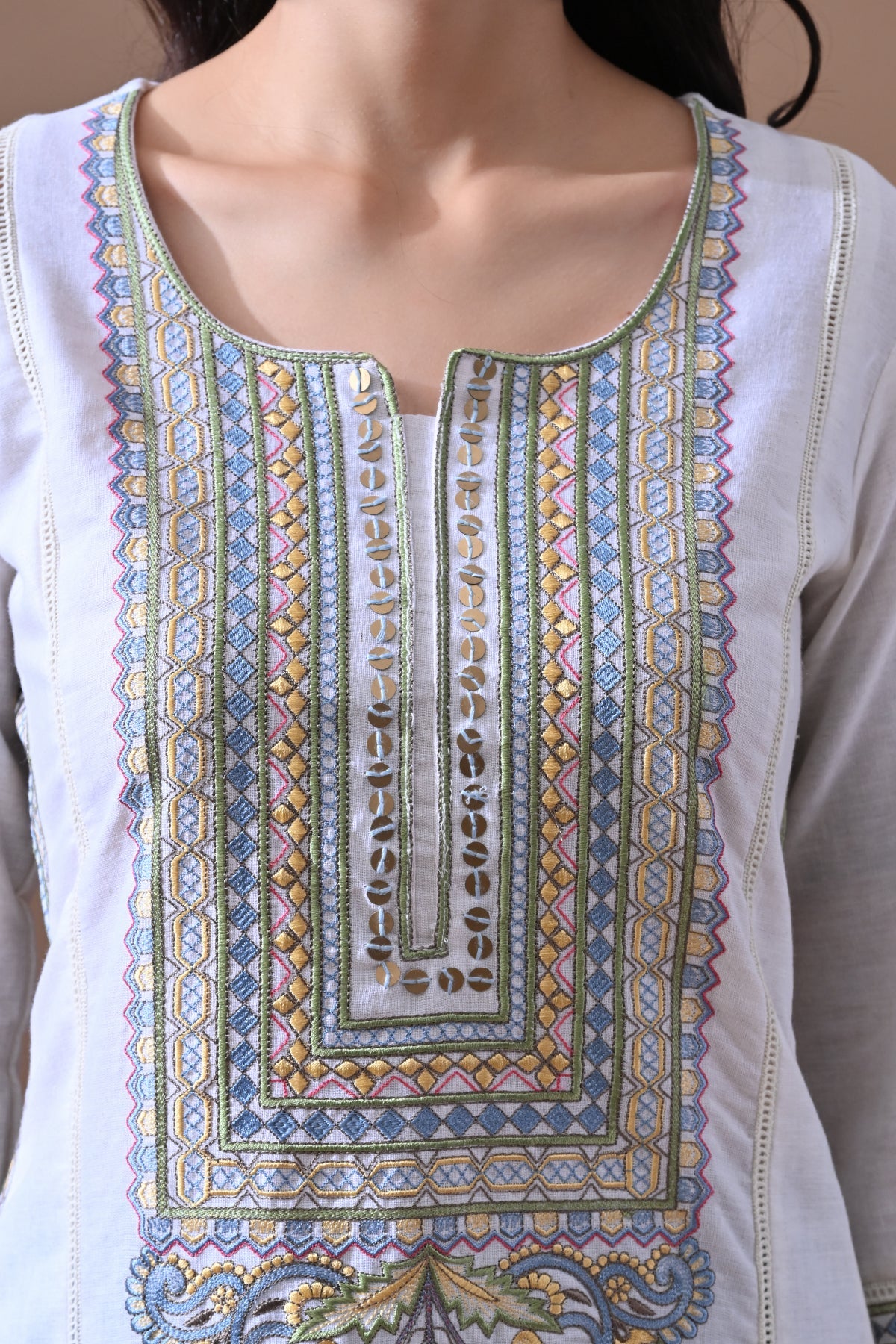 Cream Embroidered Kurta 2 Pcs Set