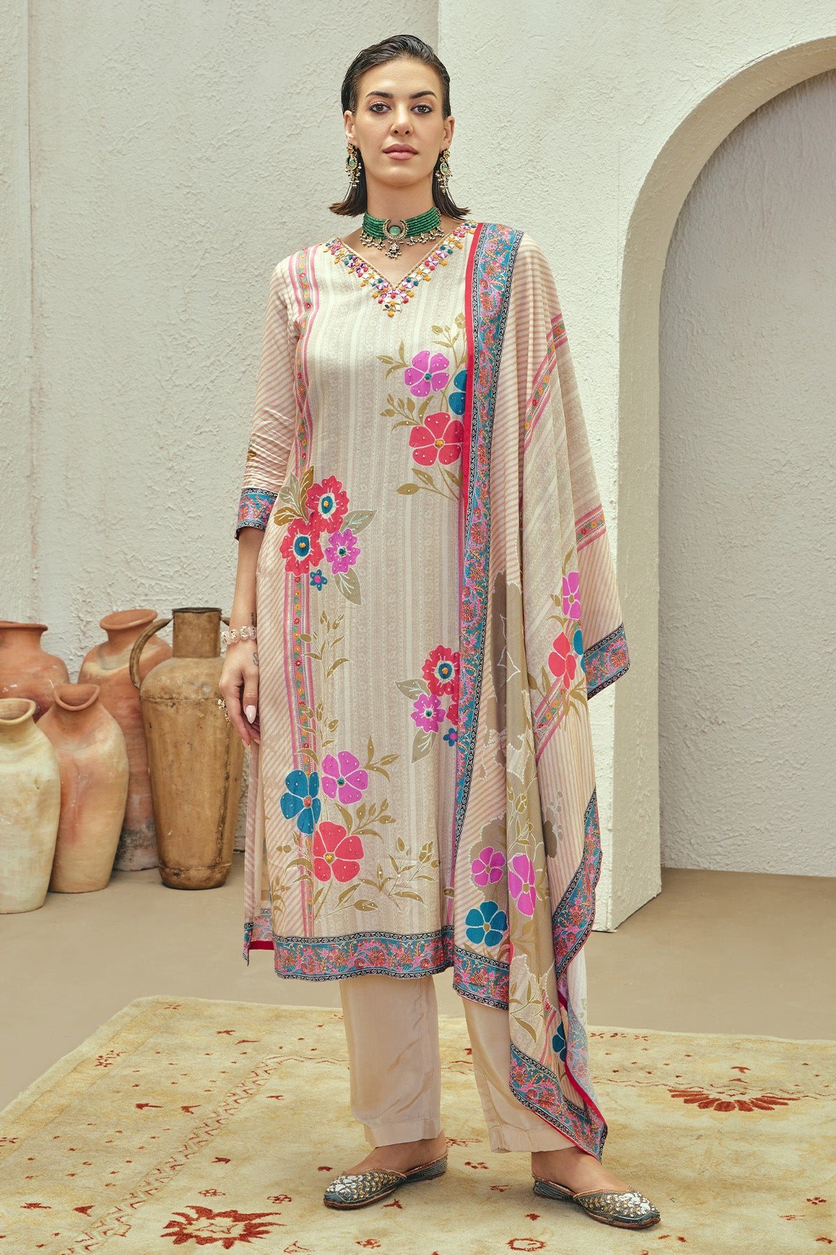 Beige Printed Embellished Kurta 3 Pcs Set