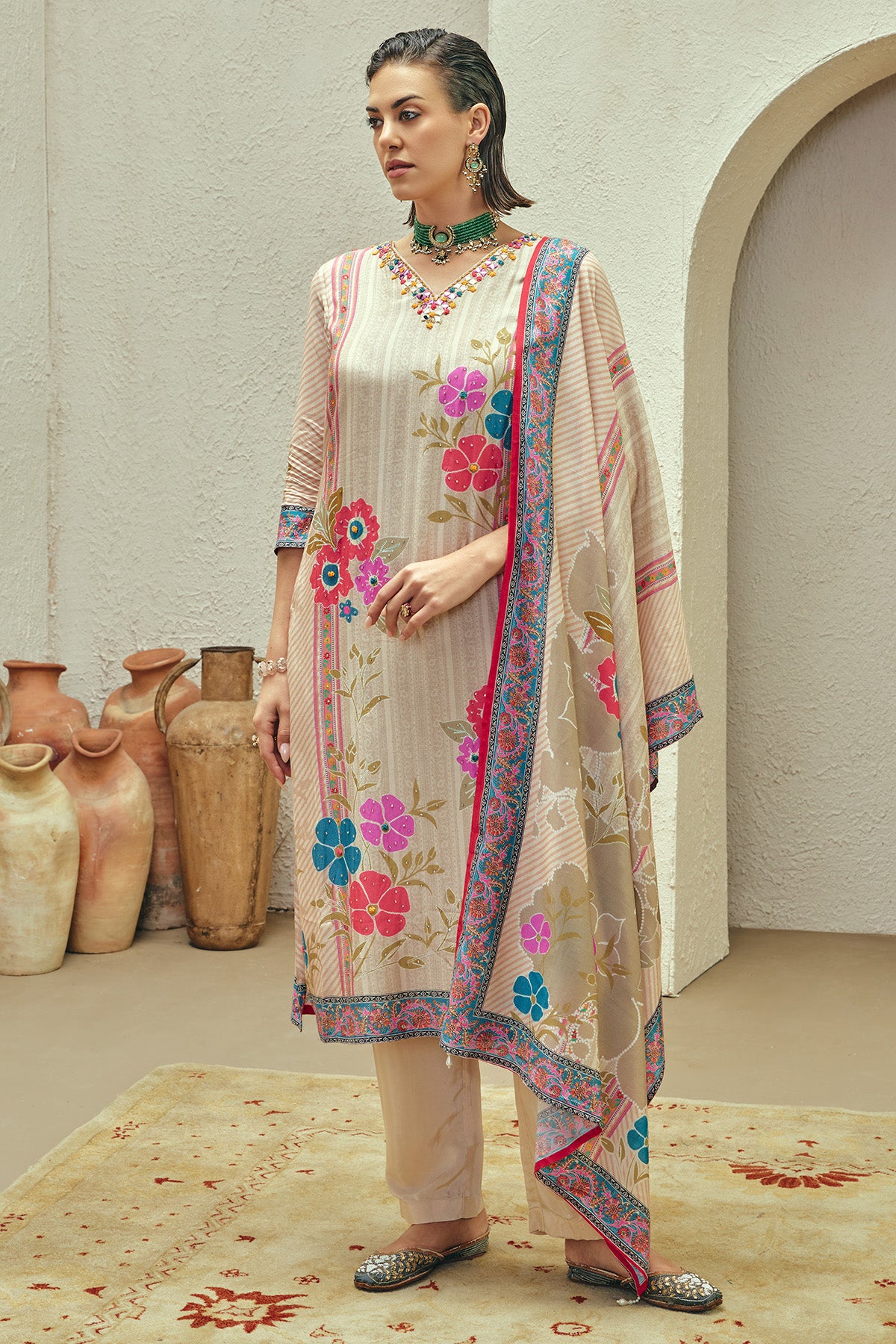 Beige Printed Embellished Kurta 3 Pcs Set