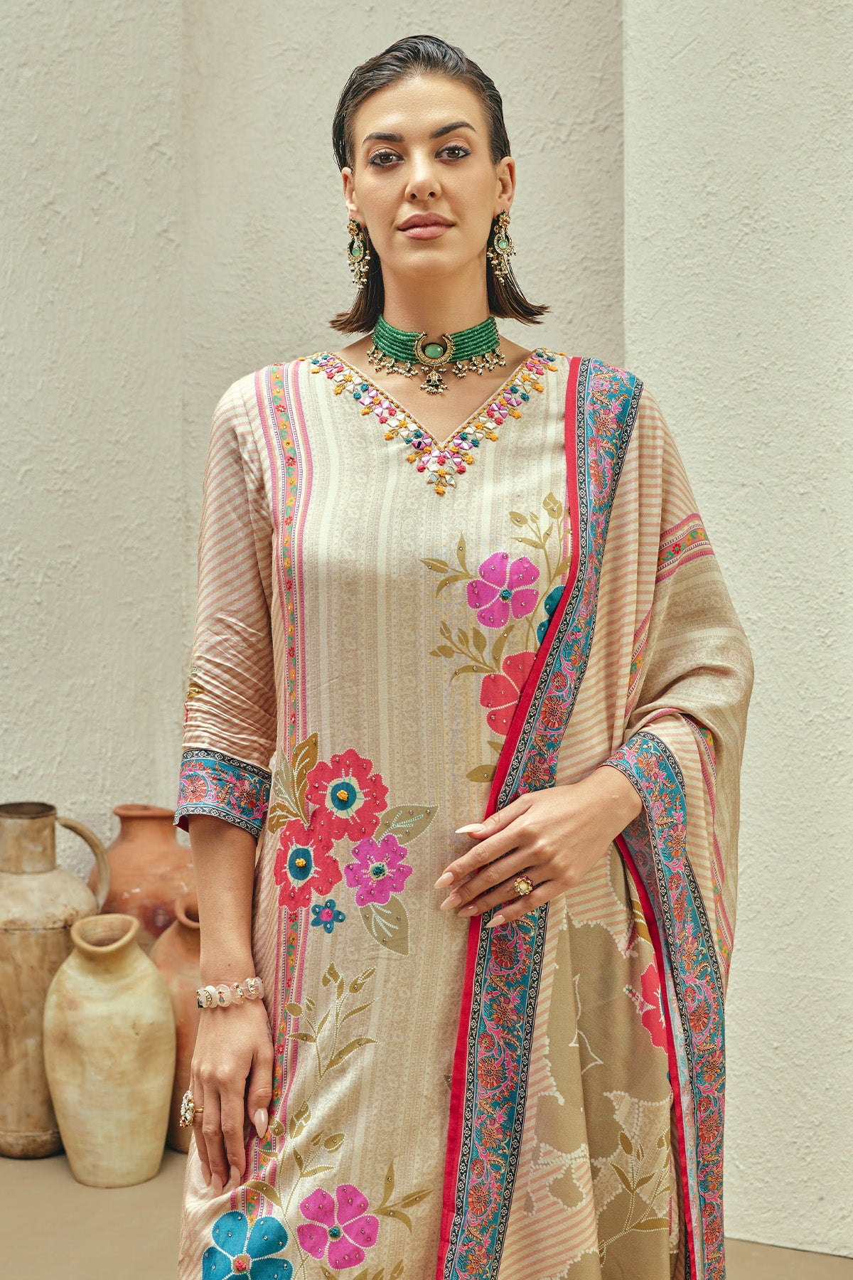 Beige Printed Embellished Kurta 3 Pcs Set