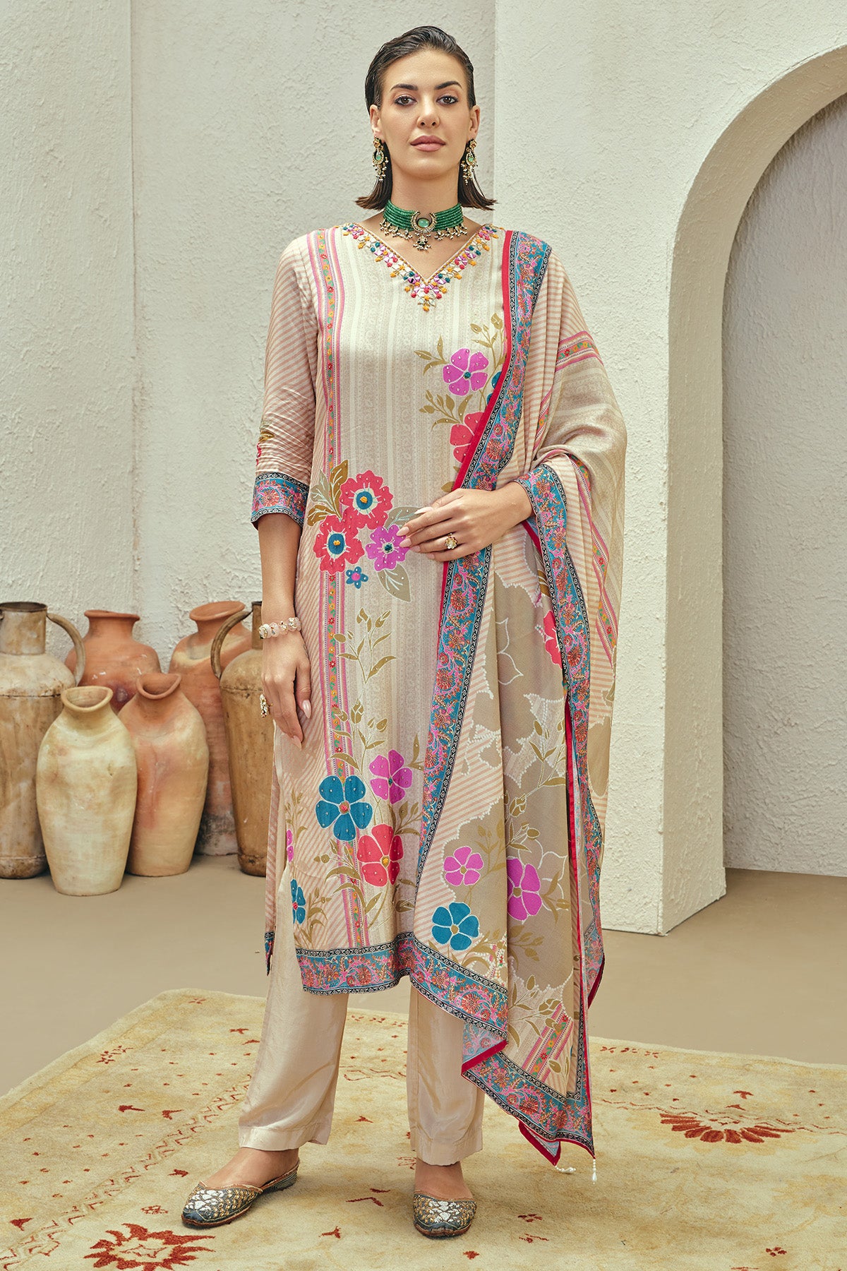 Beige Printed Embellished Kurta 3 Pcs Set