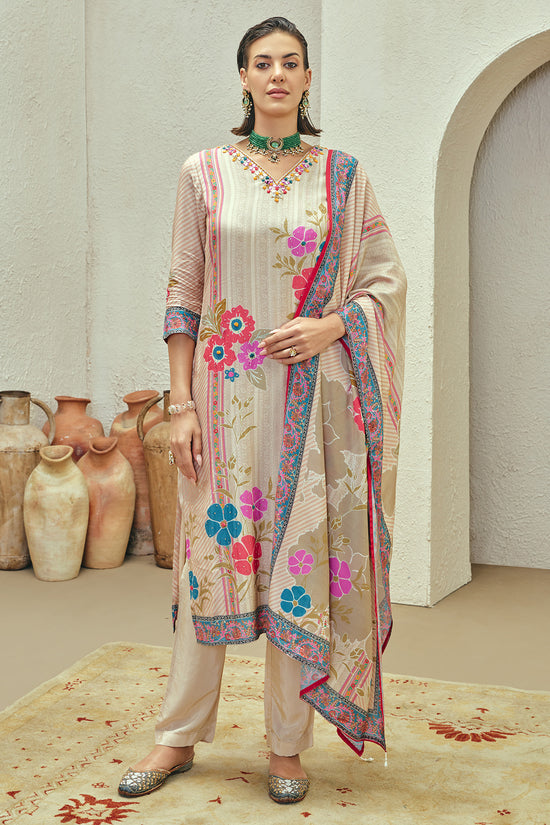 Beige Printed Embellished Kurta Set (3 Piece)