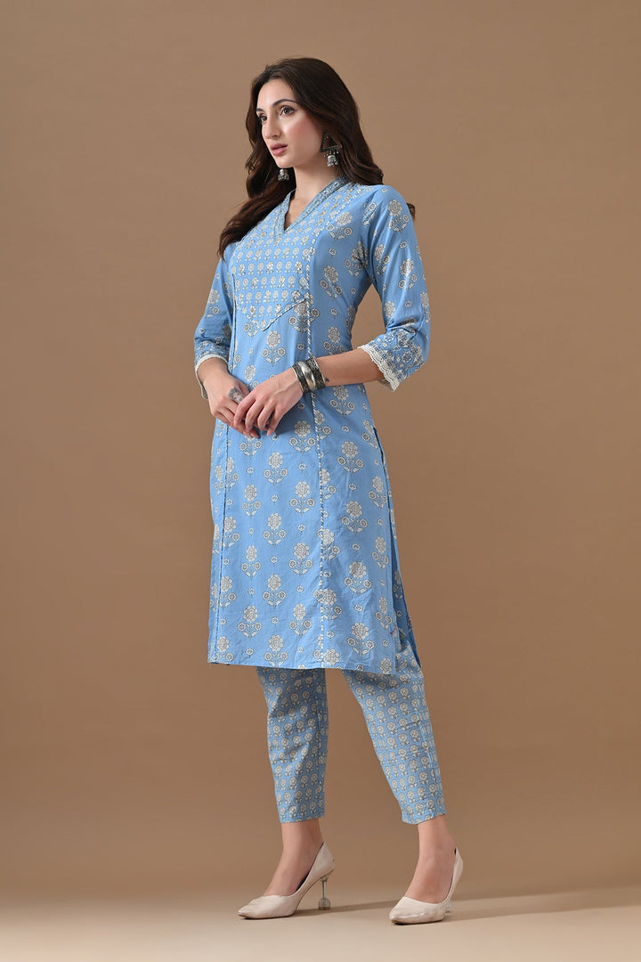 Blue Printed Kurta Set (2 Piece)