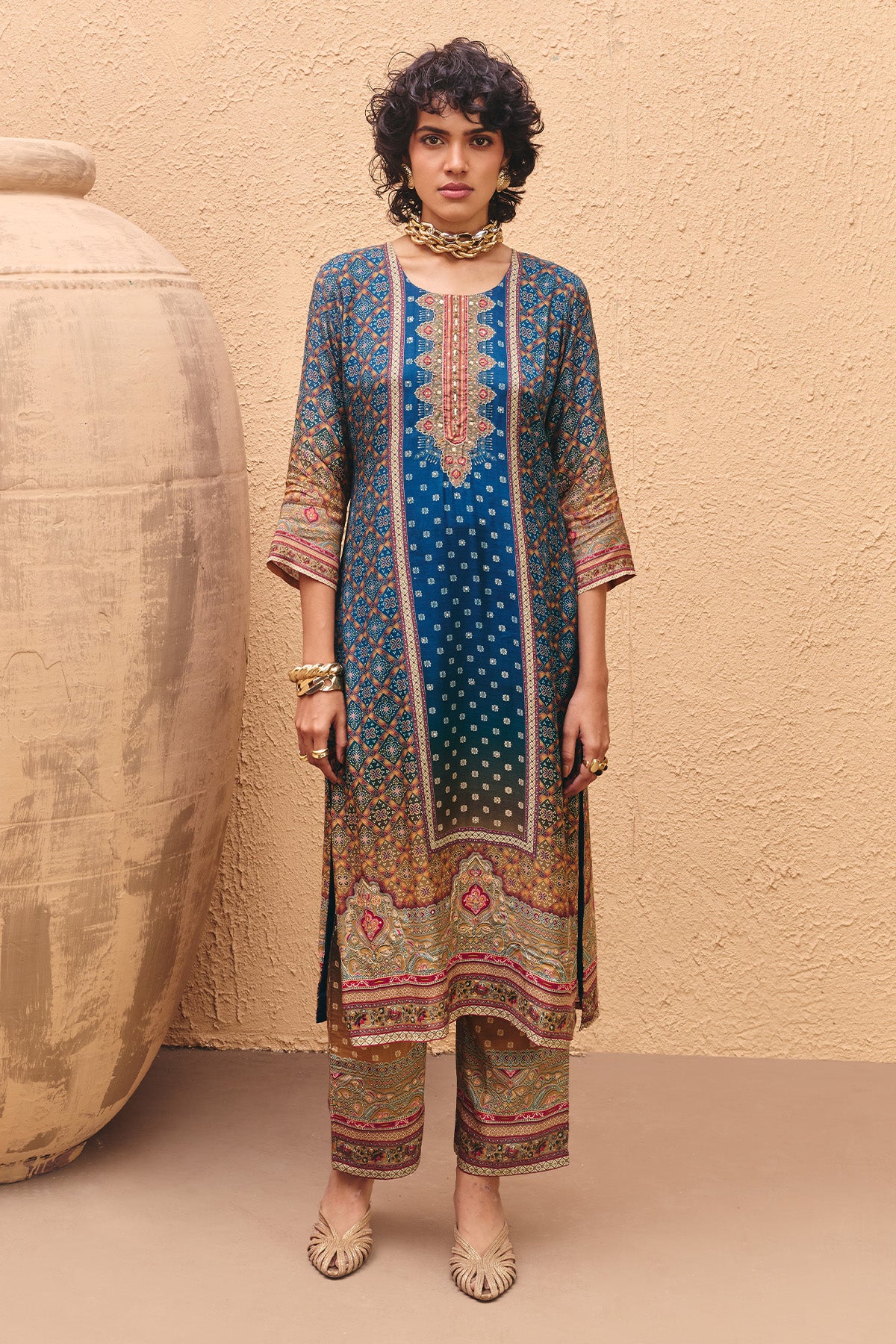 Teal Printed Kurta 3 Pcs Set