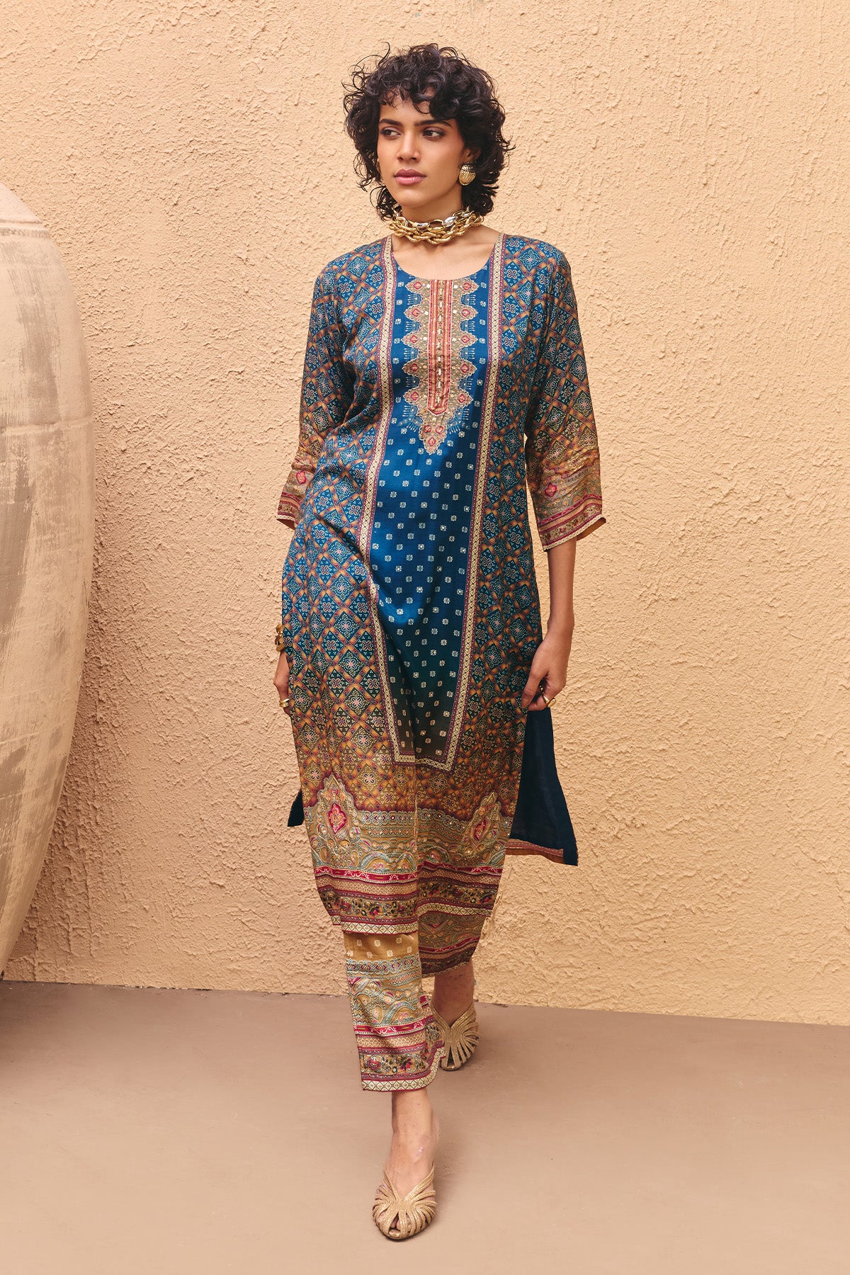 Teal Printed Kurta 3 Pcs Set