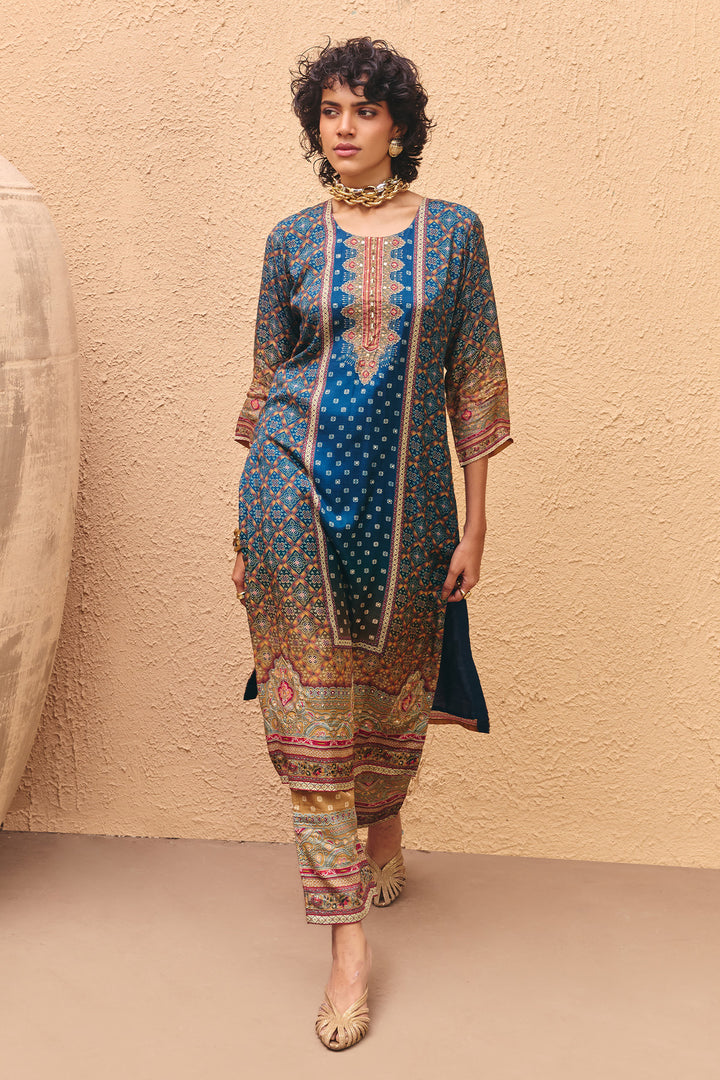 Teal Printed Kurta Set (3 Piece)
