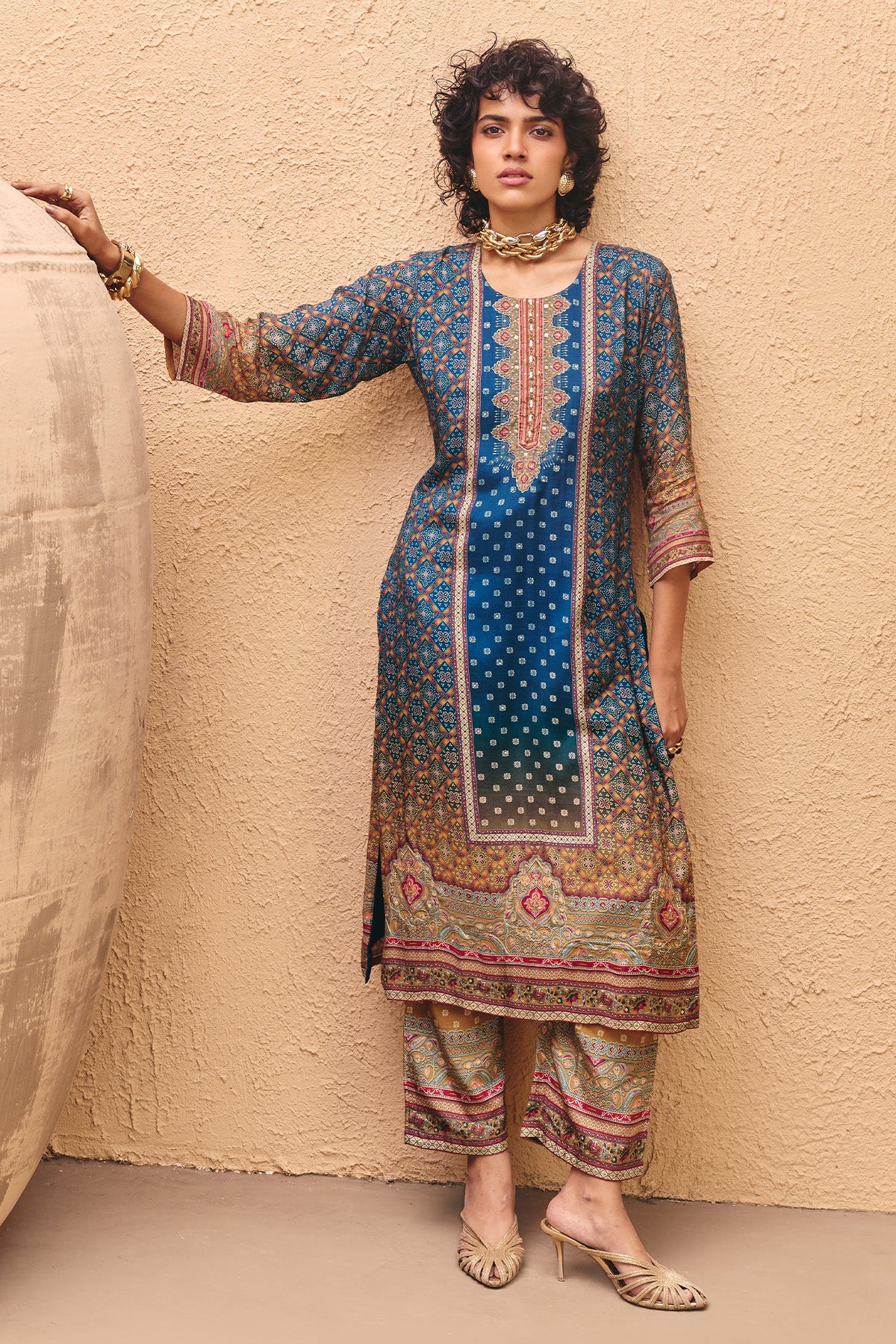 Teal Printed Kurta 3 Pcs Set