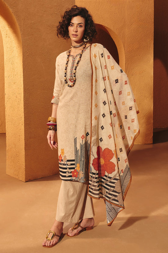 Beige Printed Embellished Kurta 3 Pcs Set