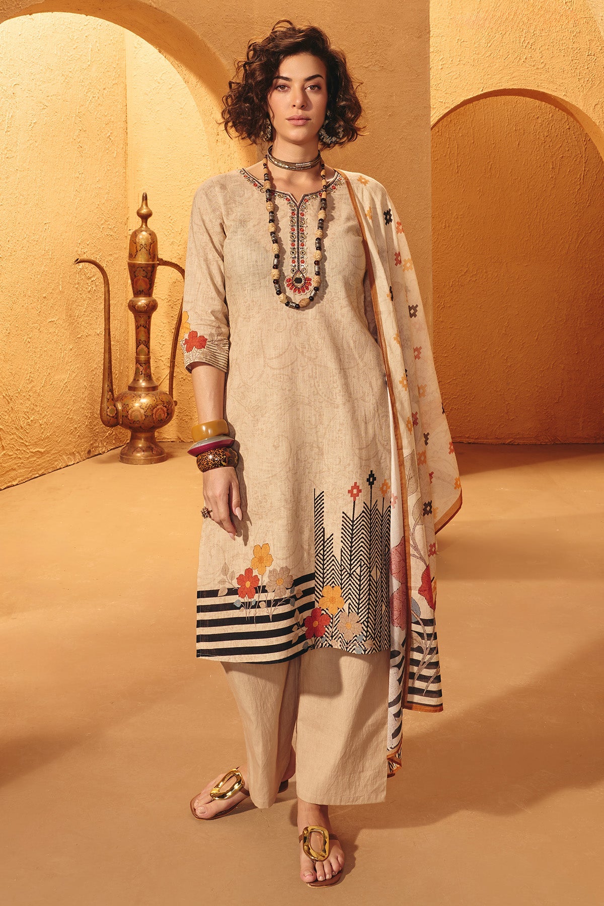 Beige Printed Embellished Kurta 3 Pcs Set