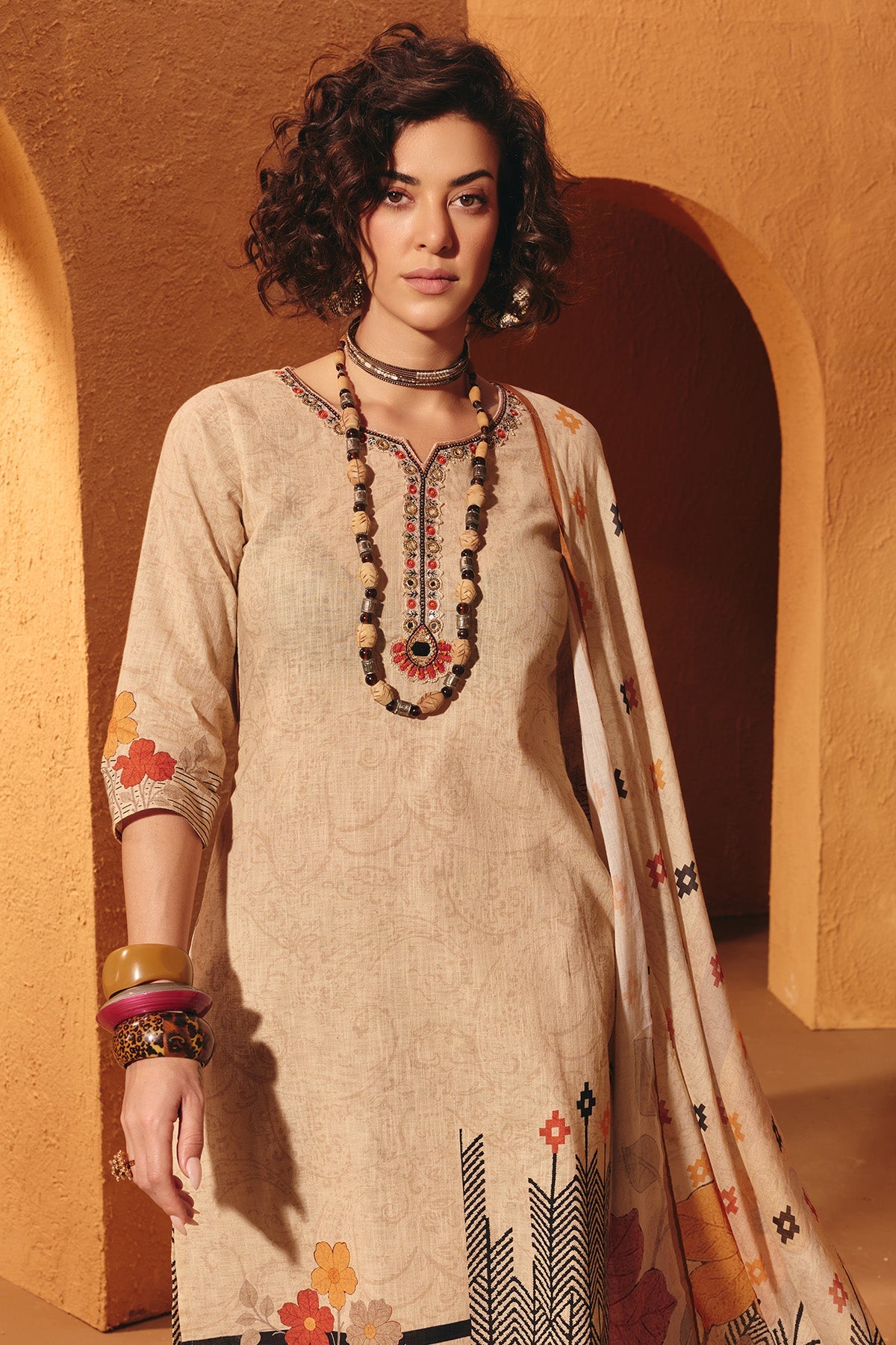 Beige Printed Embellished Kurta 3 Pcs Set