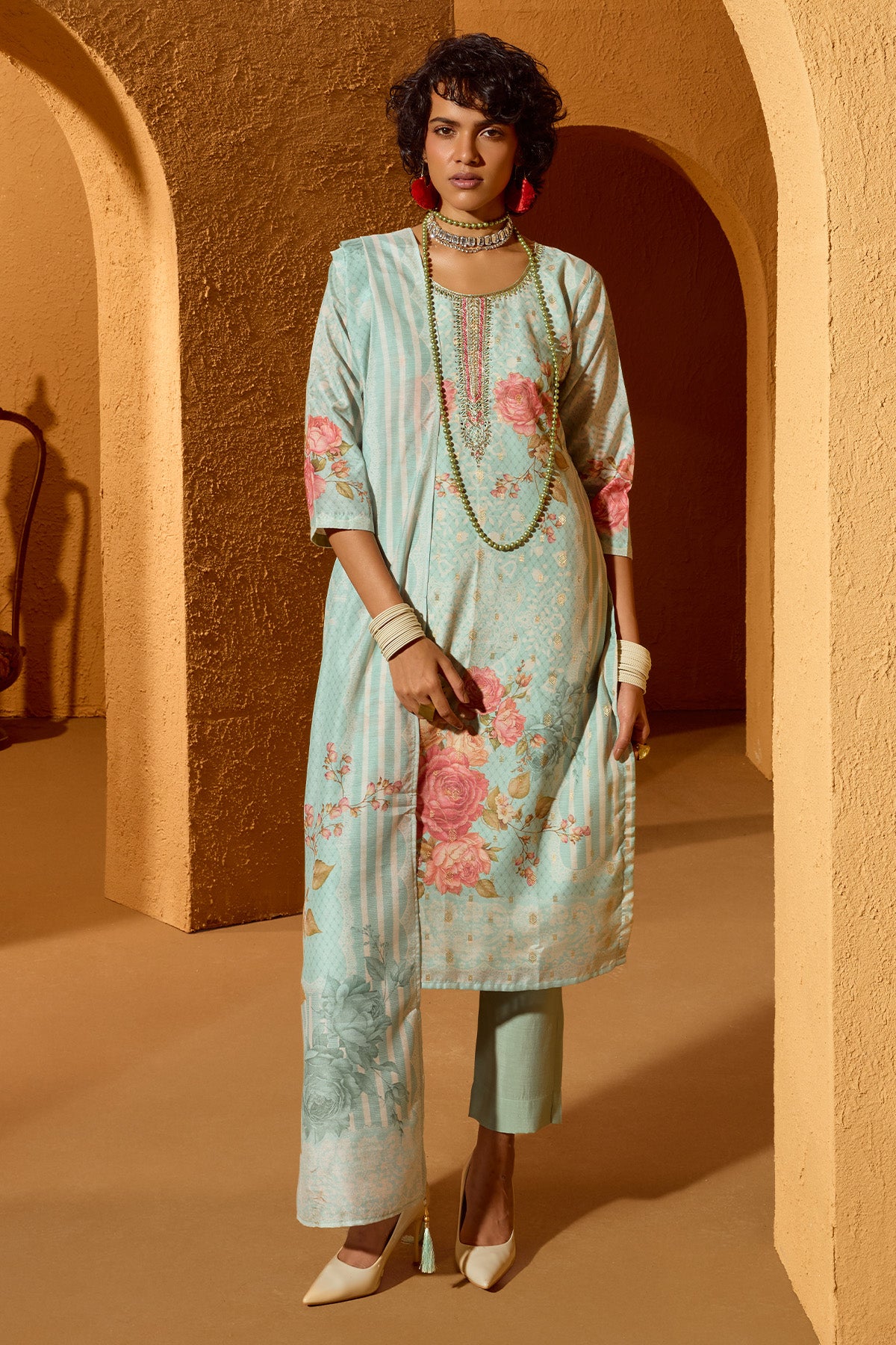 Green Printed Embellished Kurta 3 Pcs Set