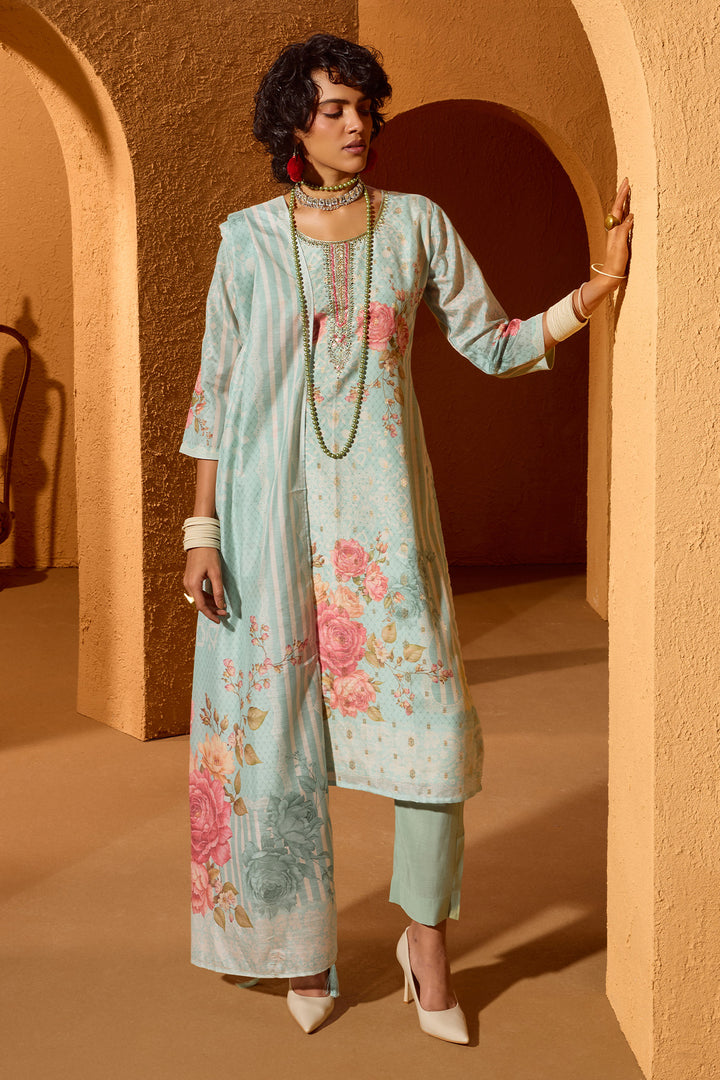 Green Printed Embellished Kurta Set (3 Piece)