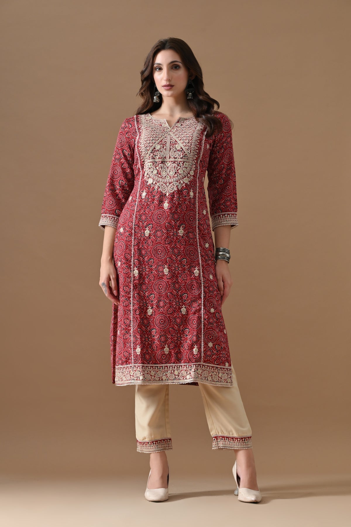 Maroon Embroidered Kurta 2 Pcs Set