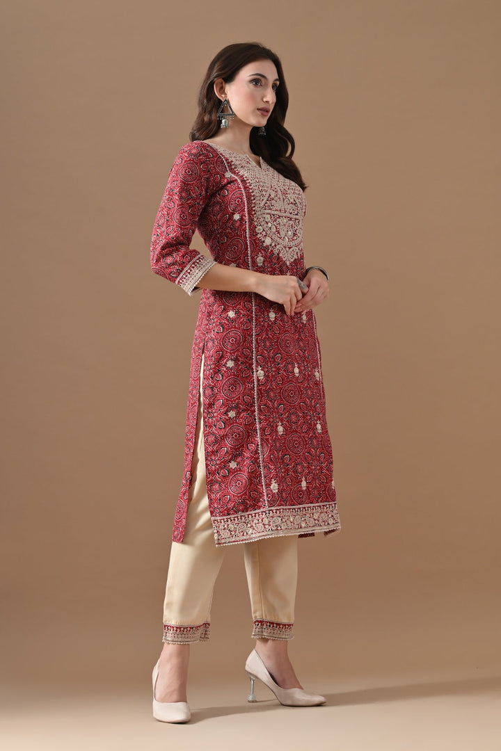 Maroon Embroidered Kurta Set (2 Piece)