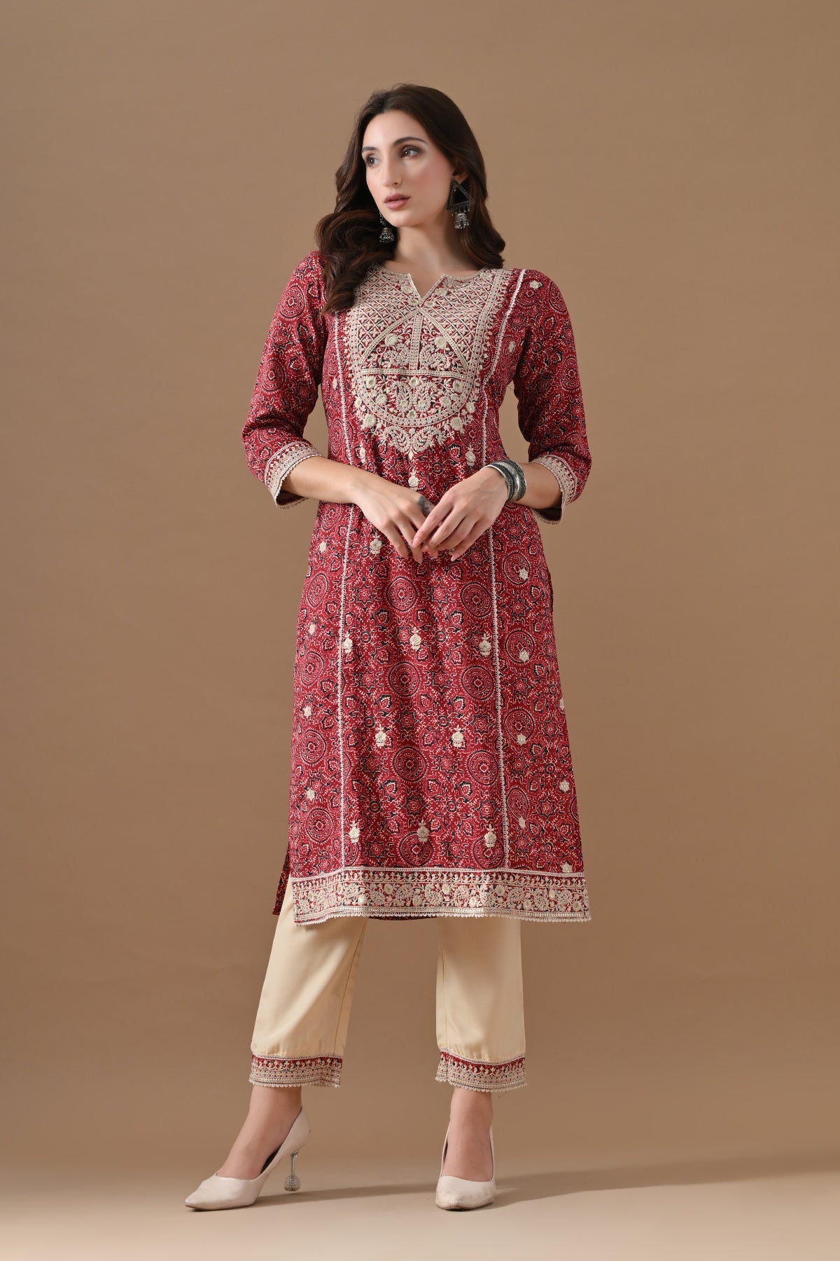 Maroon Embroidered Kurta 2 Pcs Set