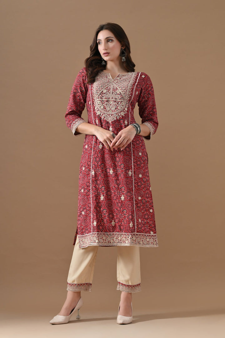 Maroon Embroidered Kurta Set (2 Piece)