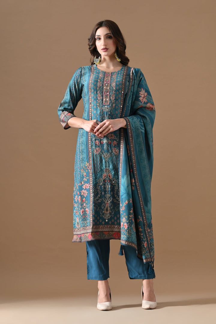 Blue Printed Kurta Set (3 Piece)