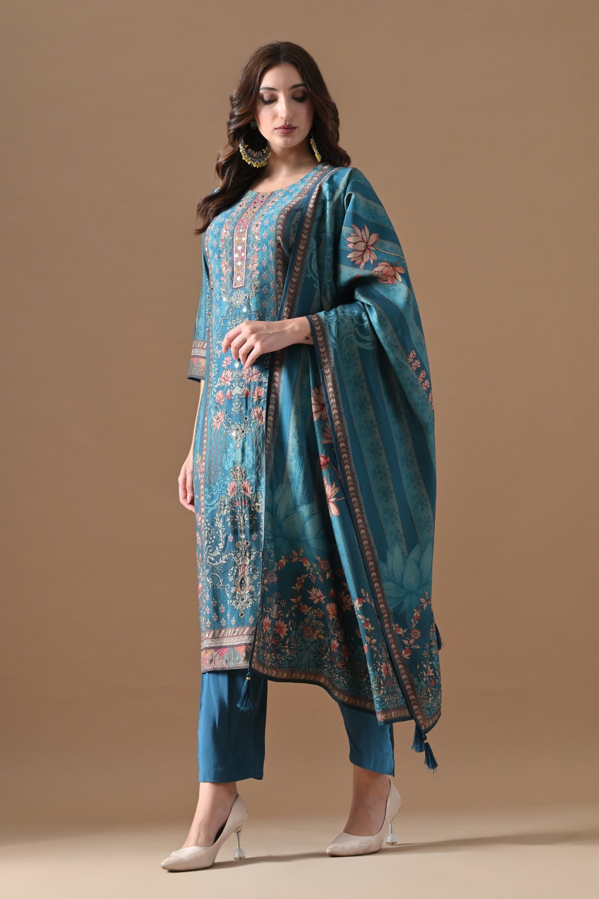 Blue Printed Kurta 3 Pcs Set