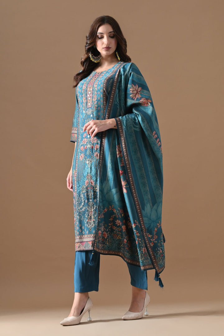 Blue Printed Kurta Set (3 Piece)